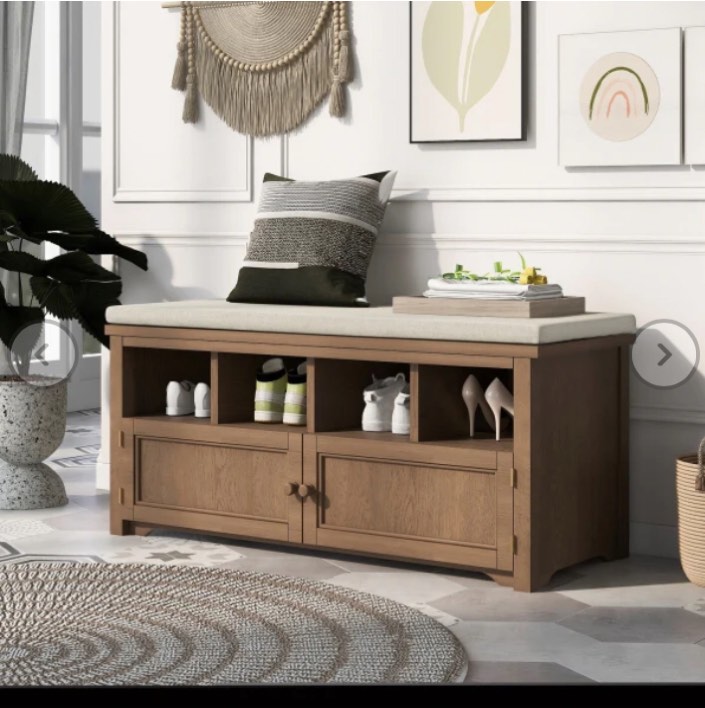 ZNTS TREXM Rustic Style Two-Door Storage Bench, with Linen Upholstered Top Cushion for Entryway, Foyer or WF299116AAD