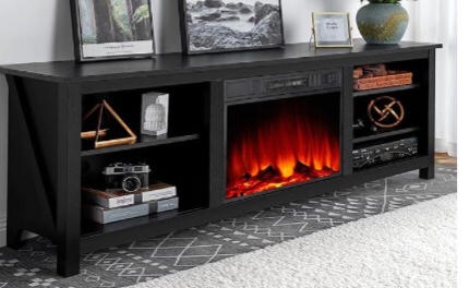 AMERLIFE Fireplace TV Stand, Wood Texture Entertainment Center with 23'' Electric Fireplace, Farmhouse Entertainment Stand Media TV Console for TVs Up to 80'', 70 inches, Black ,INCOMPLETE