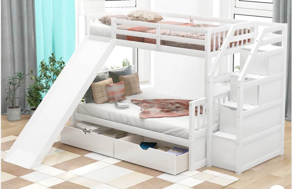 Twin over Full, Bunk Bed with Drawers, Storage and Slide,INCOMPLETE
