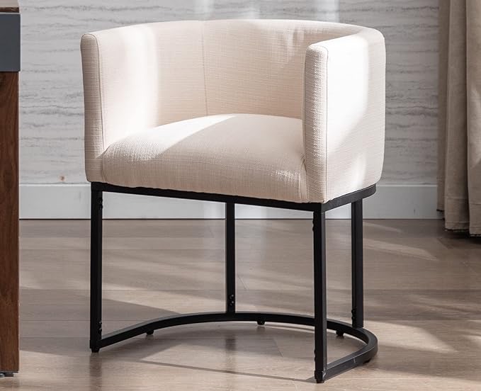 VESCASA Linen Upholstered Dining Chair with Barrel Back, Mid Century Modern Restaurant Padded Chair with Black Metal Frame for Kitchen, Dining Room, 1PK, Cream