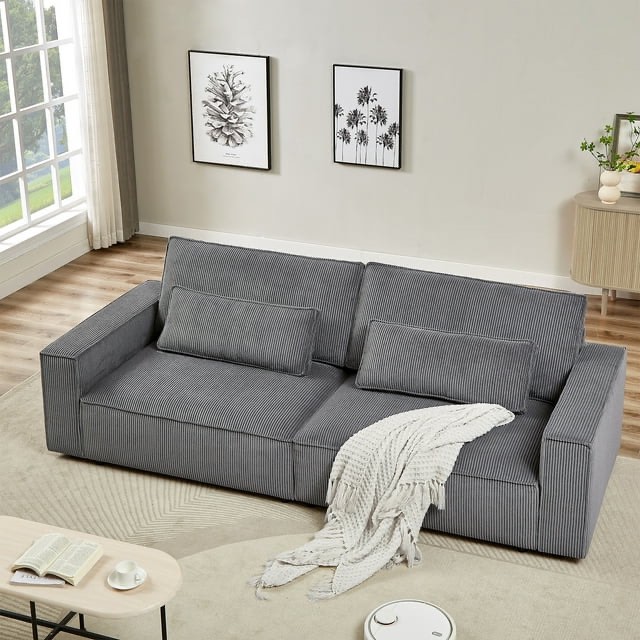 HOMFA 105.5" CORDUROY FABRIC SOFA, LARGE MODERN COUCH WITH 2 PILLOWS, WIDE SLEEPER SOFA FOR LIVING ROOM OFFICE, GRAY (incomplete box 2 of 2 only)