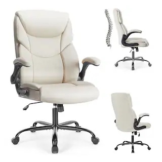 Office Chair - Ergonomic Executive Computer Desk Chairs with Adjustable Flip-up Armrest, Swivel Task Chair with Lumbar Support, Strong Metal Base, PU Leather, White
