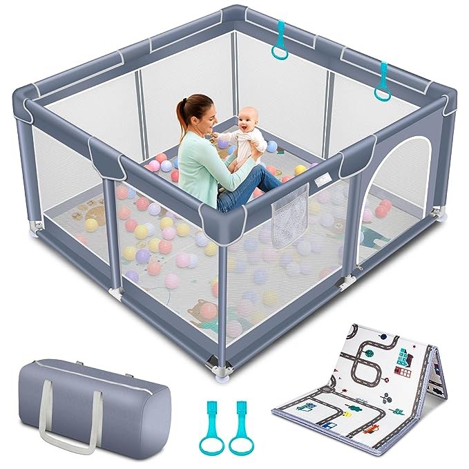 Suposeu Baby Playpen with Mat, Baby Play Yard for Toddler, Portable Large Baby Fence Area with Anti-Slip Base, Indoor & Outdoor Large Kids Activity Center, Playard for Baby(Grey)
