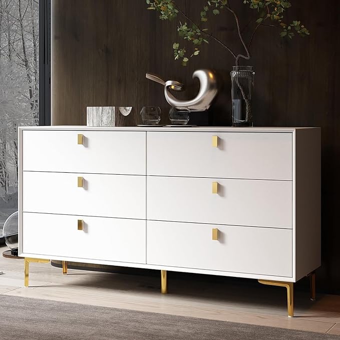 ((Incomplete box))((Similar)) Hitow White Dresser Cabinet with 6 Drawers, Modern 6 Drawer Double Dresser Chest with Gold Metal Legs, Wood Storage Chest of Drawers for Bedroom Living Room (55.1" W x 15.7" D x 31.1" H)