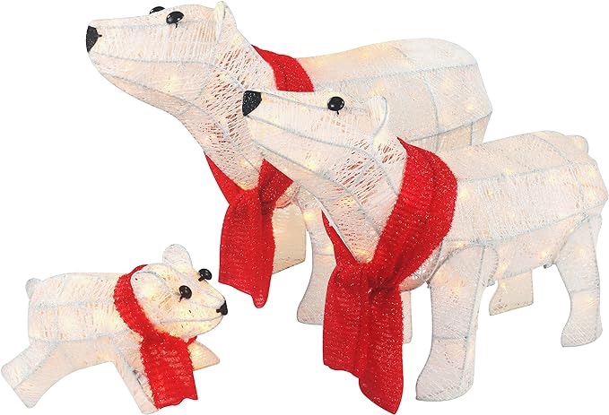 3-Piece 20in Lighted Polar Bear Family - Large Outdoor All-Weather Christmas Décor for Front Yard, Lawn or Indoor w/ 210 Pre-Strung Lights, Zip Ties, Ground Stakes (White)