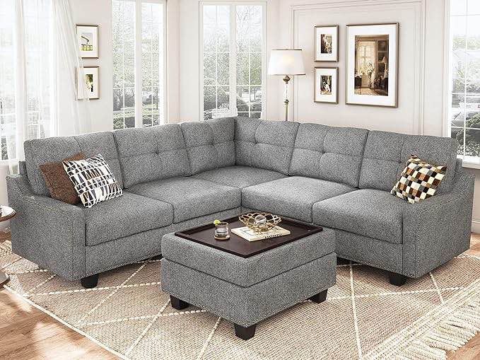 (incomplete Box 2 of 3) HONBAY Convertible Sectional Sofa, L Shaped Couch with Storage Ottoman, Reversible 4 Seat Corner Sofa for Small Apartment,Light Grey