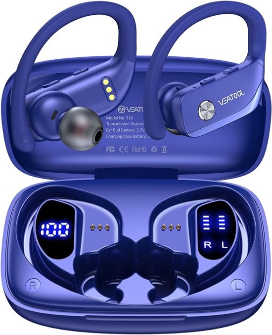 Wireless Earbuds Bluetooth Headphones 48hrs Play Back Sport Earphones with LED Display Over-Ear Buds with Earhooks Built-in Mic Headset for Workout Black BMANI-VEAT00L
