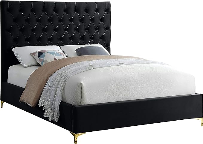 Meridian Furniture Cruz Collection Modern | Contemporary Velvet Upholstered Bed with Deep Button Tufting and Complete Sets of Gold and Chrome Legs Included, Queen, Black (Incomplete Box 1/2)