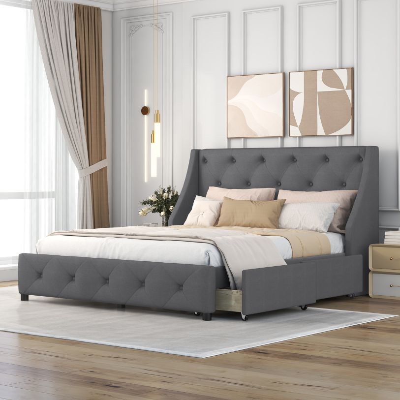 ( incomplete) Homey Life | Queen Platform Bed w/ Wingback Tufted Headboard & 4 Drawers, No Box Spring Needed, Linen Fabric, Gray