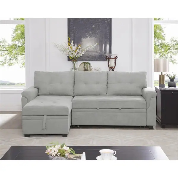 Perry Modern Reversible Sectional Sofa with Storage Chaise, Pullout Sleeper Sofa Couch Bed for Living Room - Gray,Velvet (Box 2)
