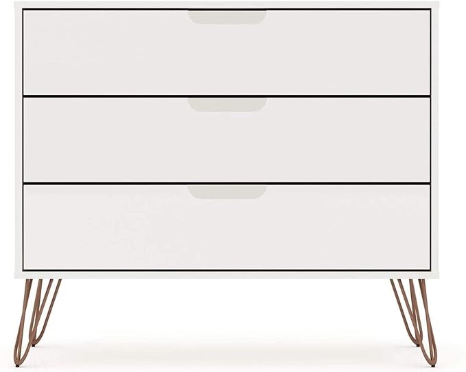 Manhattan Comfort Rockefeller Mid-Century Modern 3 Drawer Bedroom Dresser, 35.24", White