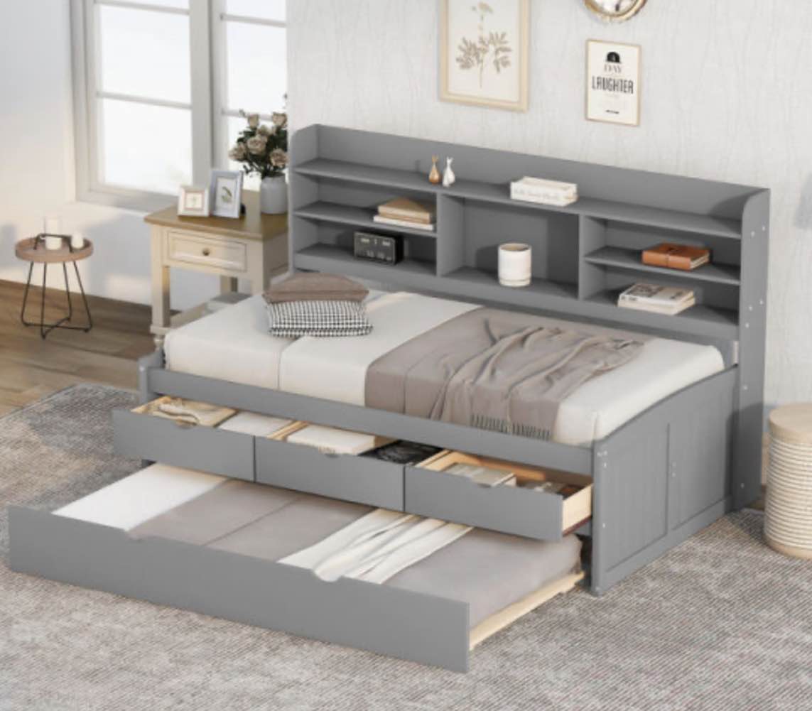 Twin Size Wooden Captain Bed with Built-in Bookshelves; Three Storage Drawers and Trundle (Box 2/2)