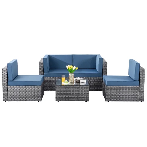  blue cushion outdoor sofa  set 4 piece Wayfair (Incomplete, Box 1/2 Only)