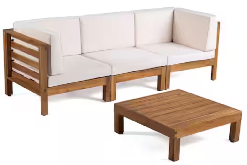 Jonah Teak Finish 2-Piece Wood Patio Deep Seating Set with Beige Cushions - 3 Seater Sofa, Coffee Table(incomplete corner only)