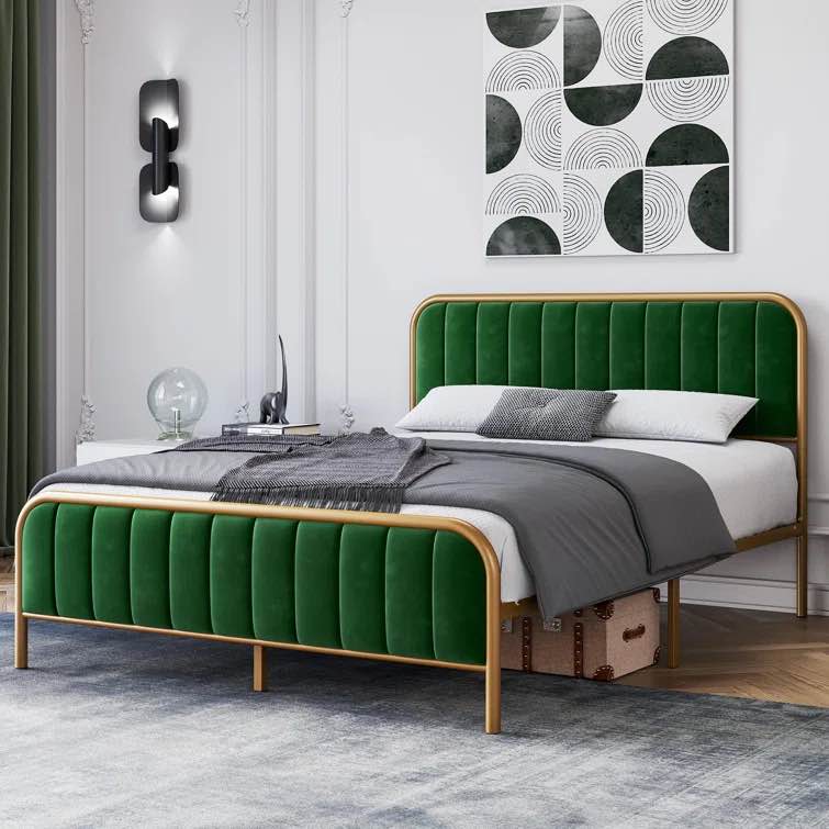Green/Gold Leobel Upholstered Metal Platform Bed King