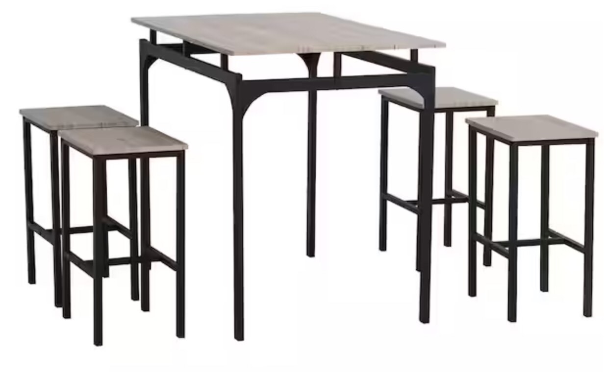 5-Piece Grey Modern Kitchen Table Set with Footrests and Metal Legs