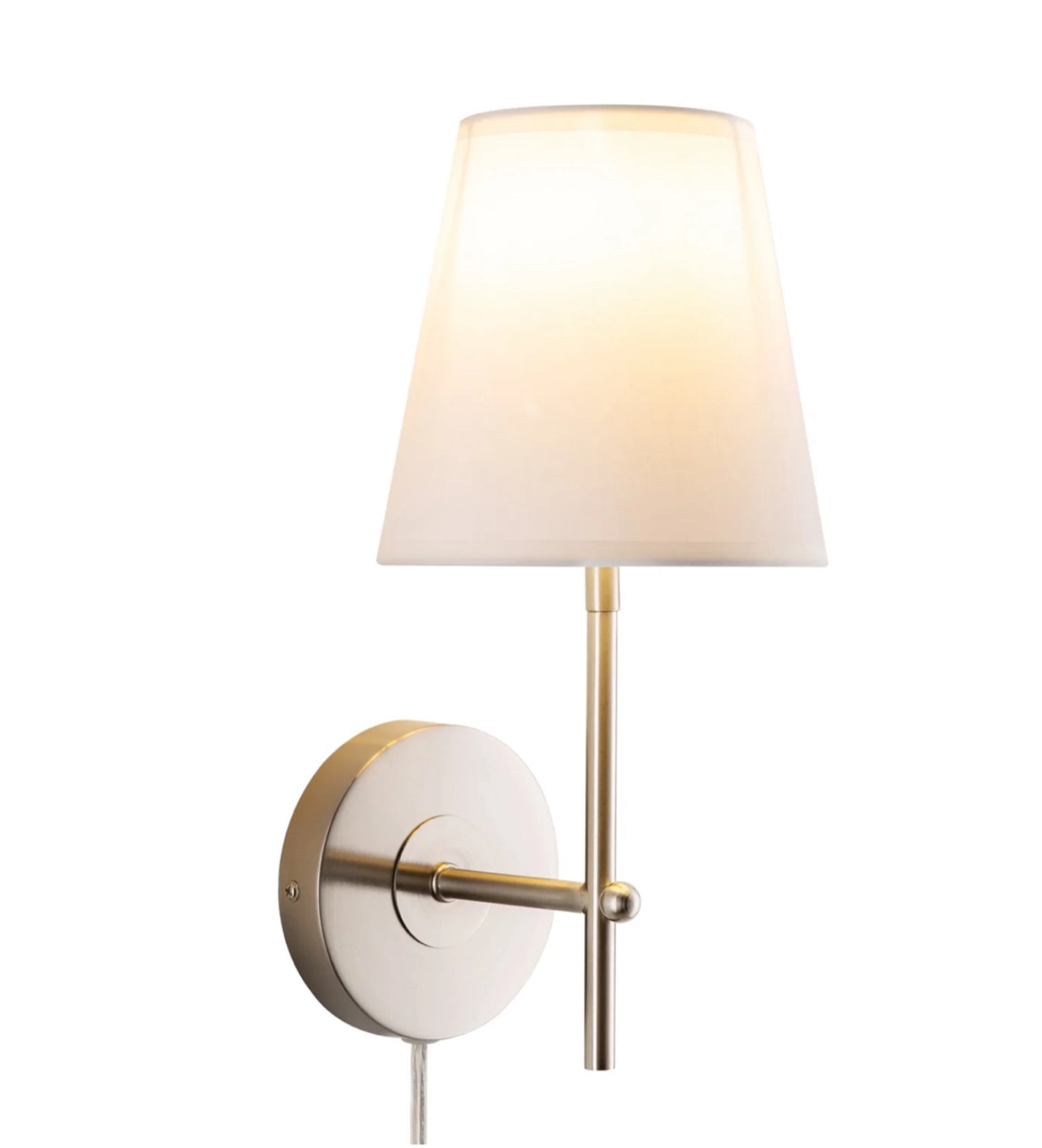 Stylish 1-Light Wall Sconce w White Fabric Shade Brushed Nickel Finish, Transitional Wall Lamp Fixture for Bedroom Stair Entryway Cafe