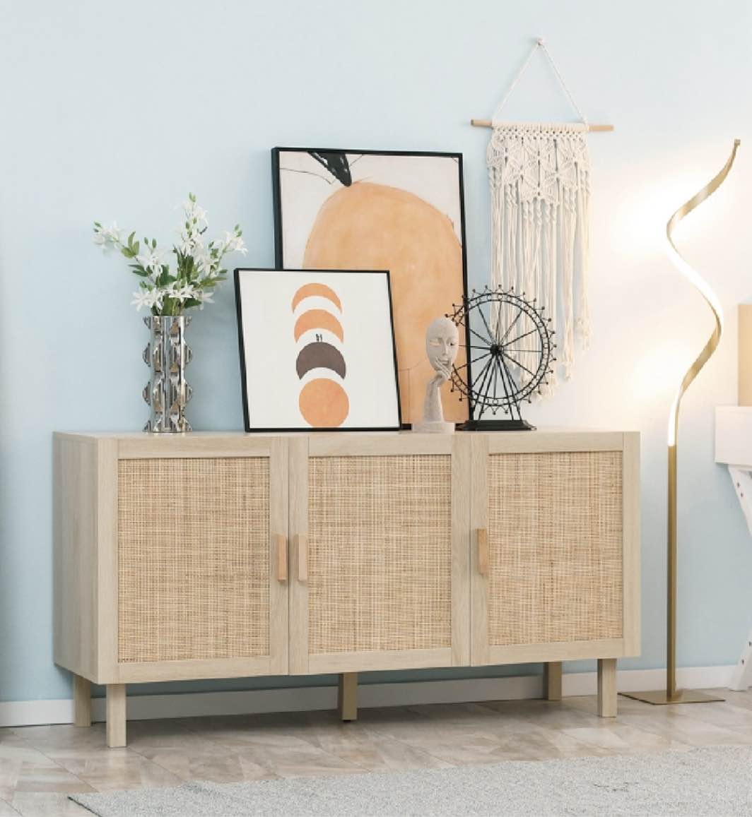 Kitchen Buffet Cabinet, Storage Cabinet, Sideboard Floor Accent Cabinet With 3 Rattan Doors And Adjustable Shelves, Natural (Box 2/2)