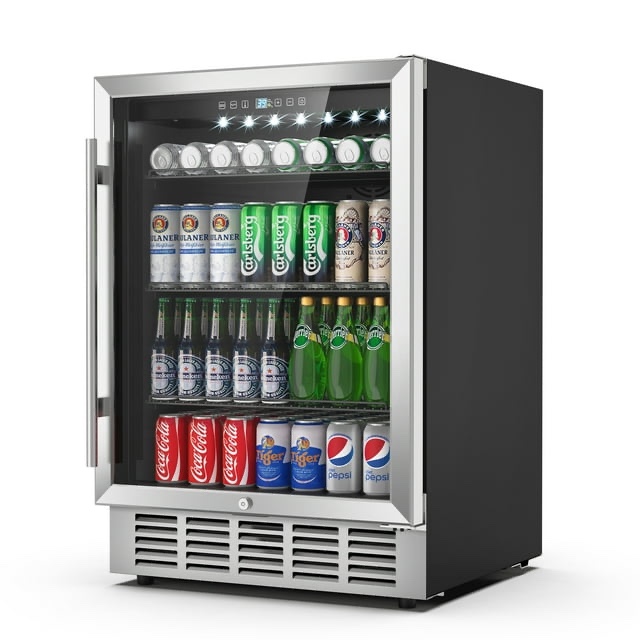 Rocita 24 inch Beverage Refrigerator, Undercounter Refrigerator Stainless Small Beverage Cooler Fridge with Digital Display for 190 Cans, Suit for Outdoor, Home Use and Compact Places