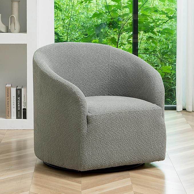 KINWELL 32" Wide Boucle Upholstered Swivel Cuddle Barrel Chairs, Mid-Century 360 Degree Swivel Accent Sofa Chairs, No Assembly Round Armchairs for Living Room, Bedroom, Office (Light Grey)