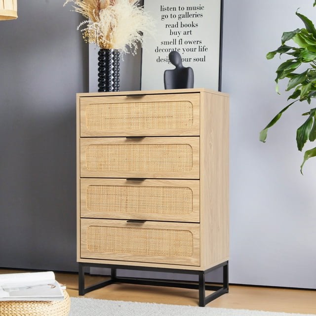 Giratree 24" Wide 4 Drawer Dresser, Modern Rattan Dresser Chest with Wide Drawers and Metal Handles, Farmhouse Wood Storage Chest of Drawers for Bedroom, Living Room, Hallway, Entryway (Natural)