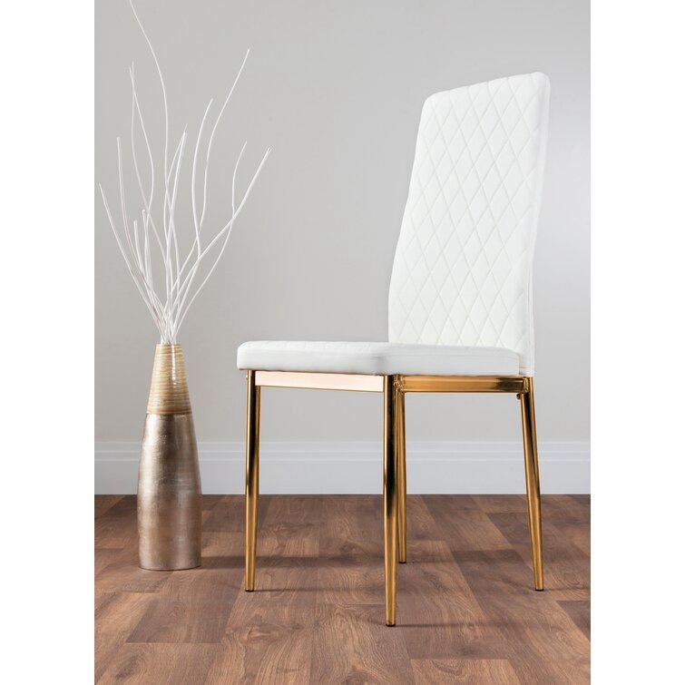 Morgan Hatched Faux Leather Sleek Metal Leg Luxury Dining Chairs - White / Gold (Set of 4)