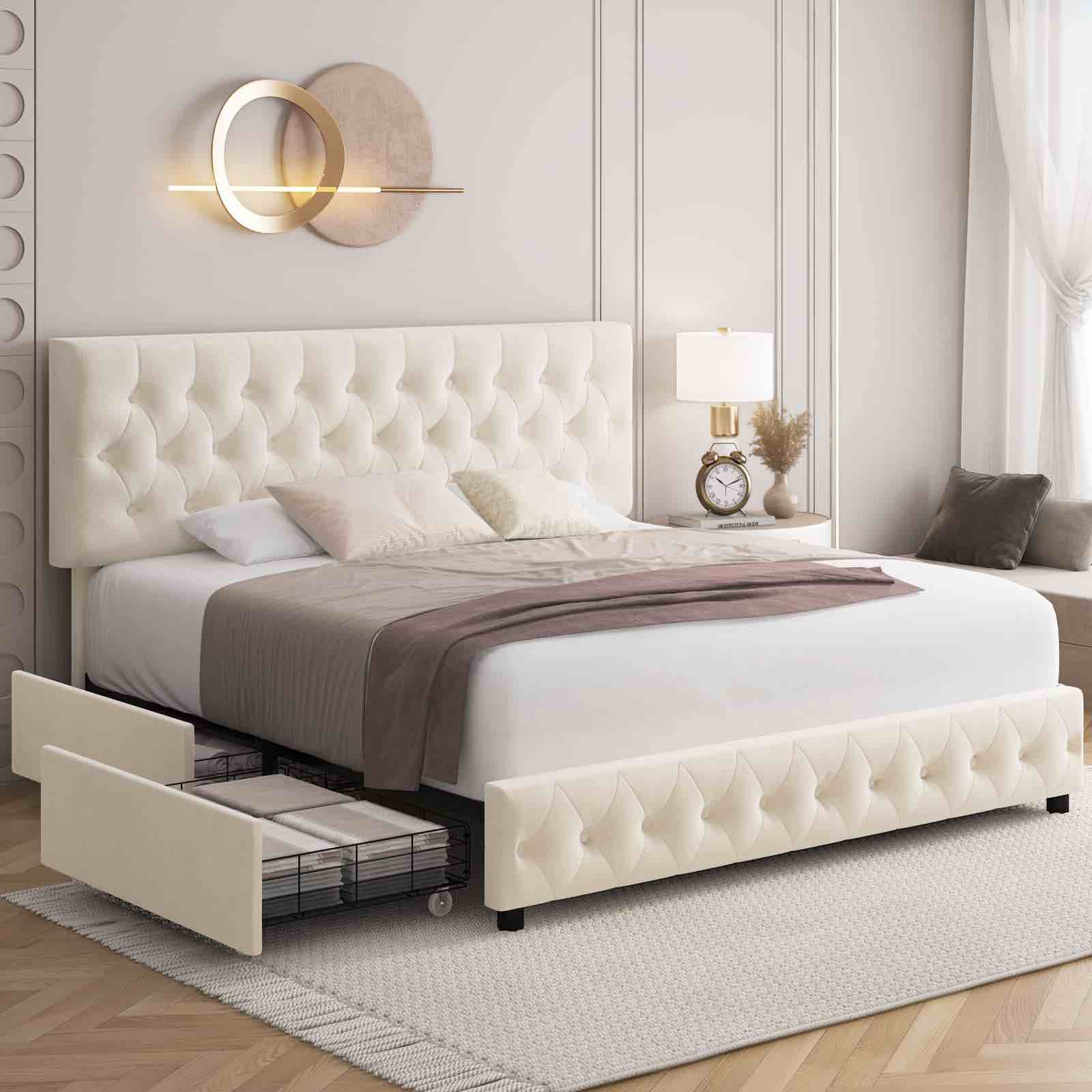 Keyluv Modern Upholstered Bed Frame with 4 Storage Drawers King
