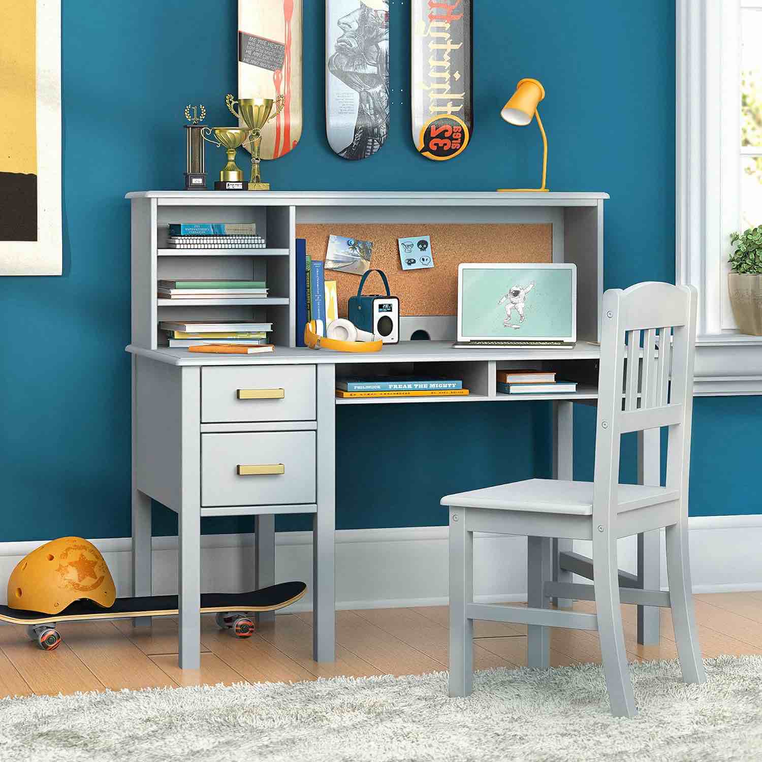 Guidecraft Taiga Desk, Hutch and Chair - Gray: Kids Home and Classroom Furniture with Multiple Storage Shelf & Two Drawers (incomplete box 1 only)