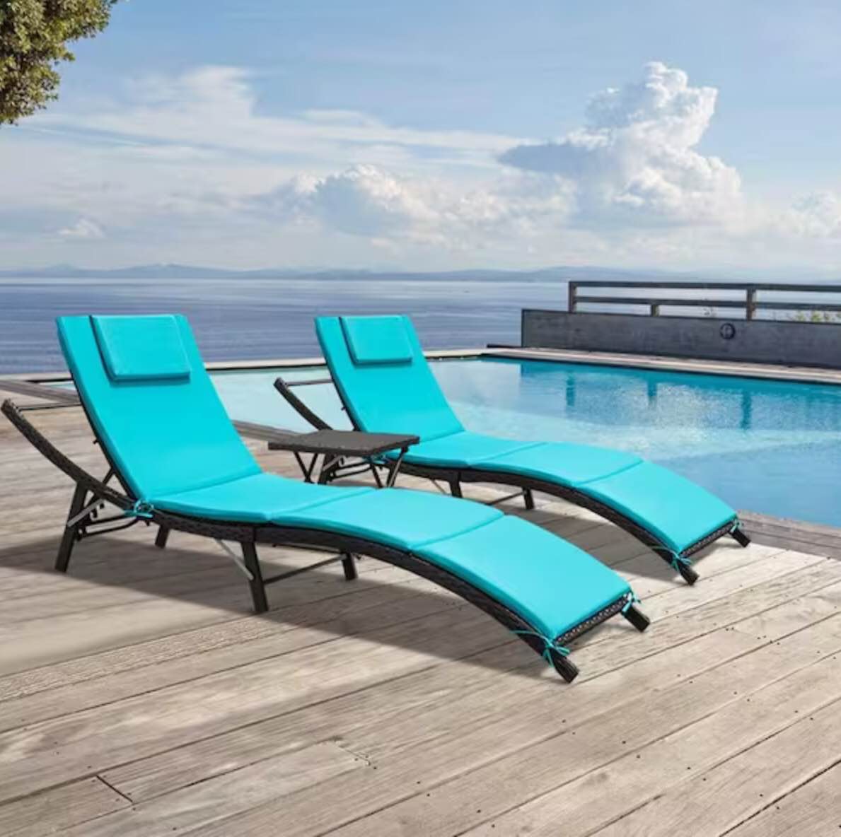 Blue Metal Outdoor Patio Long Adjustable Reclining Chaise Lounge with Blue Cushions and Coffee Table