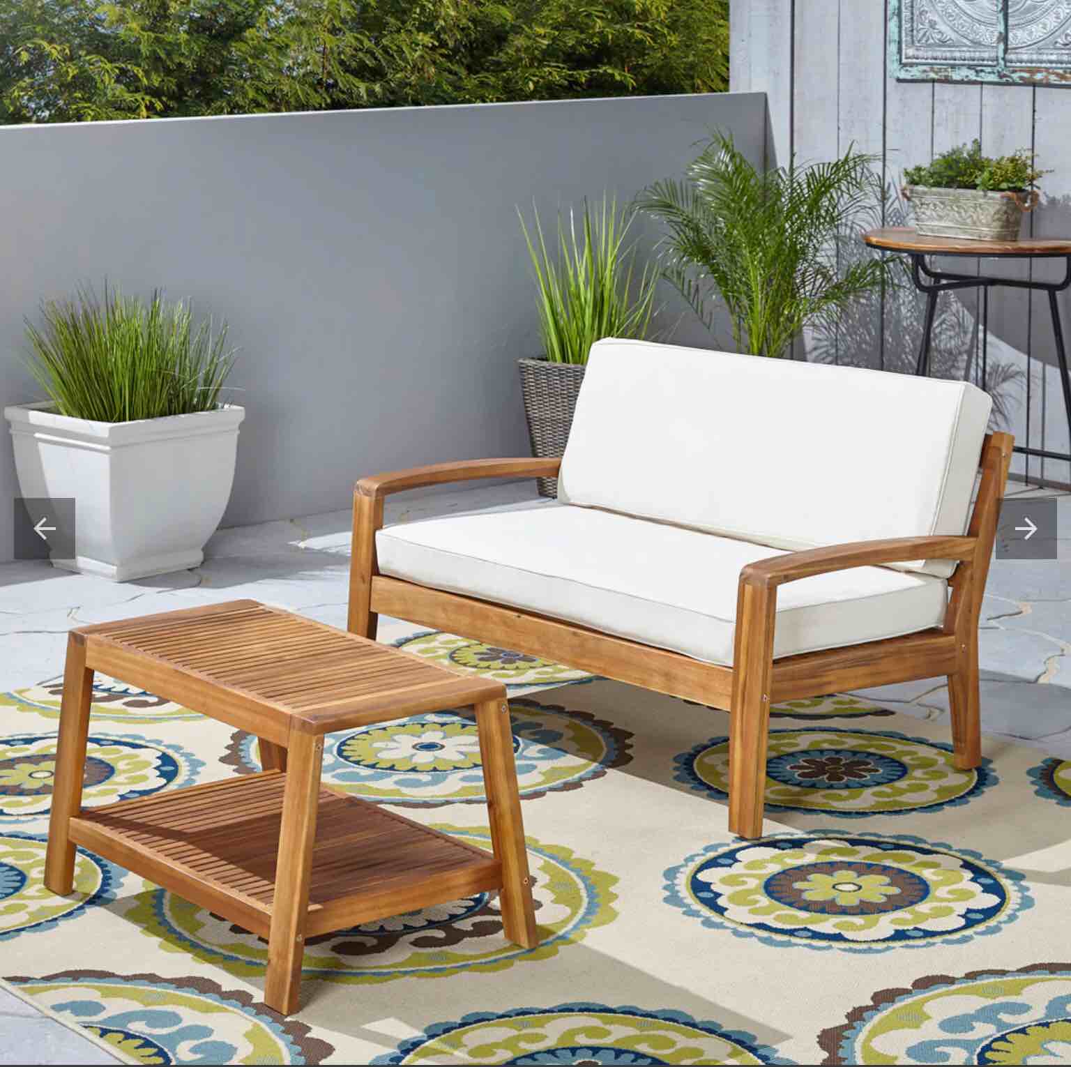 Grenada Outdoor Acacia Wood Loveseat and Coffee Table Set with Water Resistant Cushions, Teak Finish