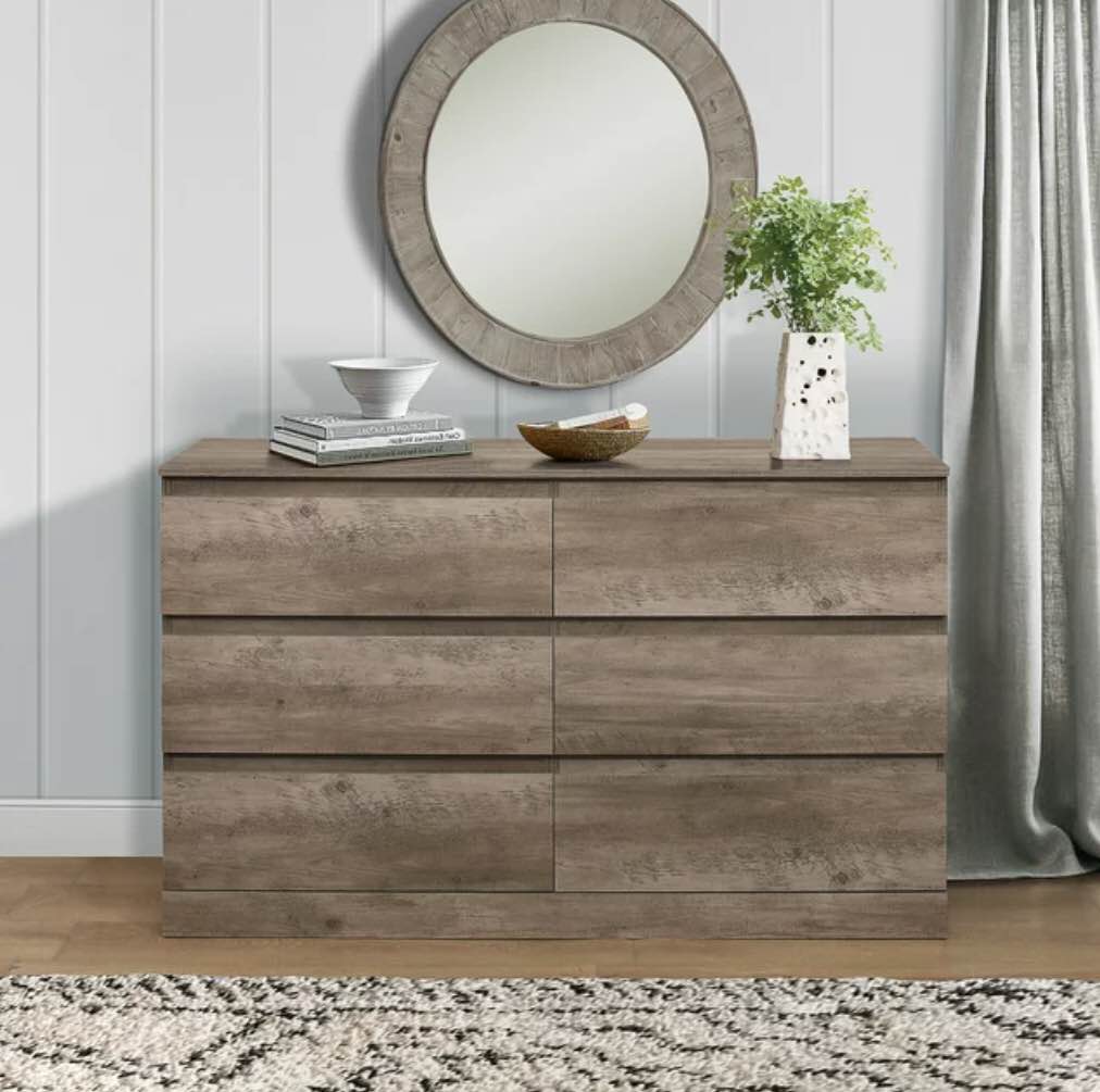 Brindle 6-Drawer Horizontal Dresser, Gray Oak Finish, by Hillsdale