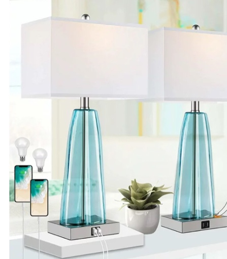 Partphoner Modern Blue Green Glass Bedside Lamp Table Lamp Set of 2 with 2 USB Ports, 3-Way Dimmable ( incomplete) missing 1 lamp 