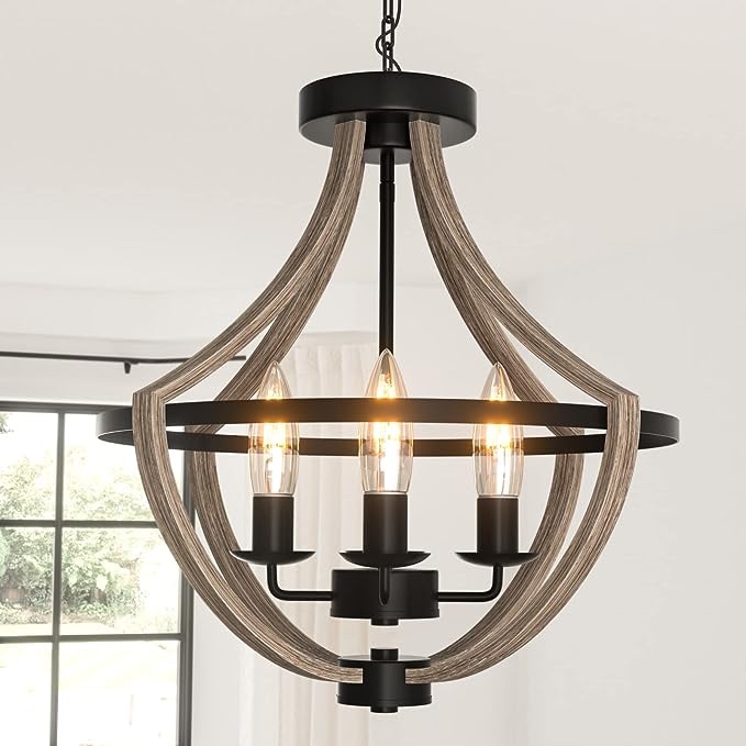 4-Light Geometric Flush Mount Ceiling Rustic Faux Wooden Chandelier Light Fixture
