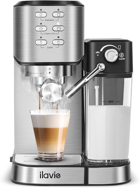 ILAVIE 6-in-1 Espresso Coffee Machine Built-In Automatic Milk Frother, 20 Bar Espresso & Cappuccino & Latte Maker with 34 oz Removeable Water Tank, Ideal for Home Use