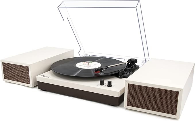 Turntable with Stereo Bookshelf Speakers, Retro Record Player with Wireless Playback, 3 Speed Belt-Drive Vintage Turntable with Auto Off, Milk White