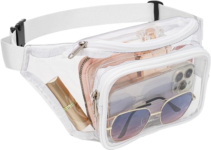 Veckle Clear Fanny Pack Waterproof Cute Waist Stadium Approved Clear Purse Transparent Adjustable Belt Bag for Women Men, Travel, Beach, Events, Concerts Bag, White