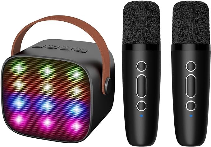 IROO Mini Karaoke Machine with Kids Adults, Portable Bluetooth Speaker 2 Wireless Microphones, Gift for BoyToys 4, 5, 6, 7, 8, 10, 12+ Years Birthday Party (Black)