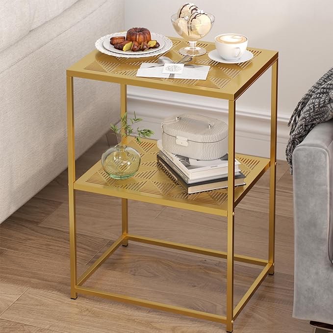 Yusong Small End Table, Narrow Metal Sofa Couch Side Table for Living Room with Storage Shelf, Skinny Beside Table Night Stands for Bedroom, Small Spaces, Gold