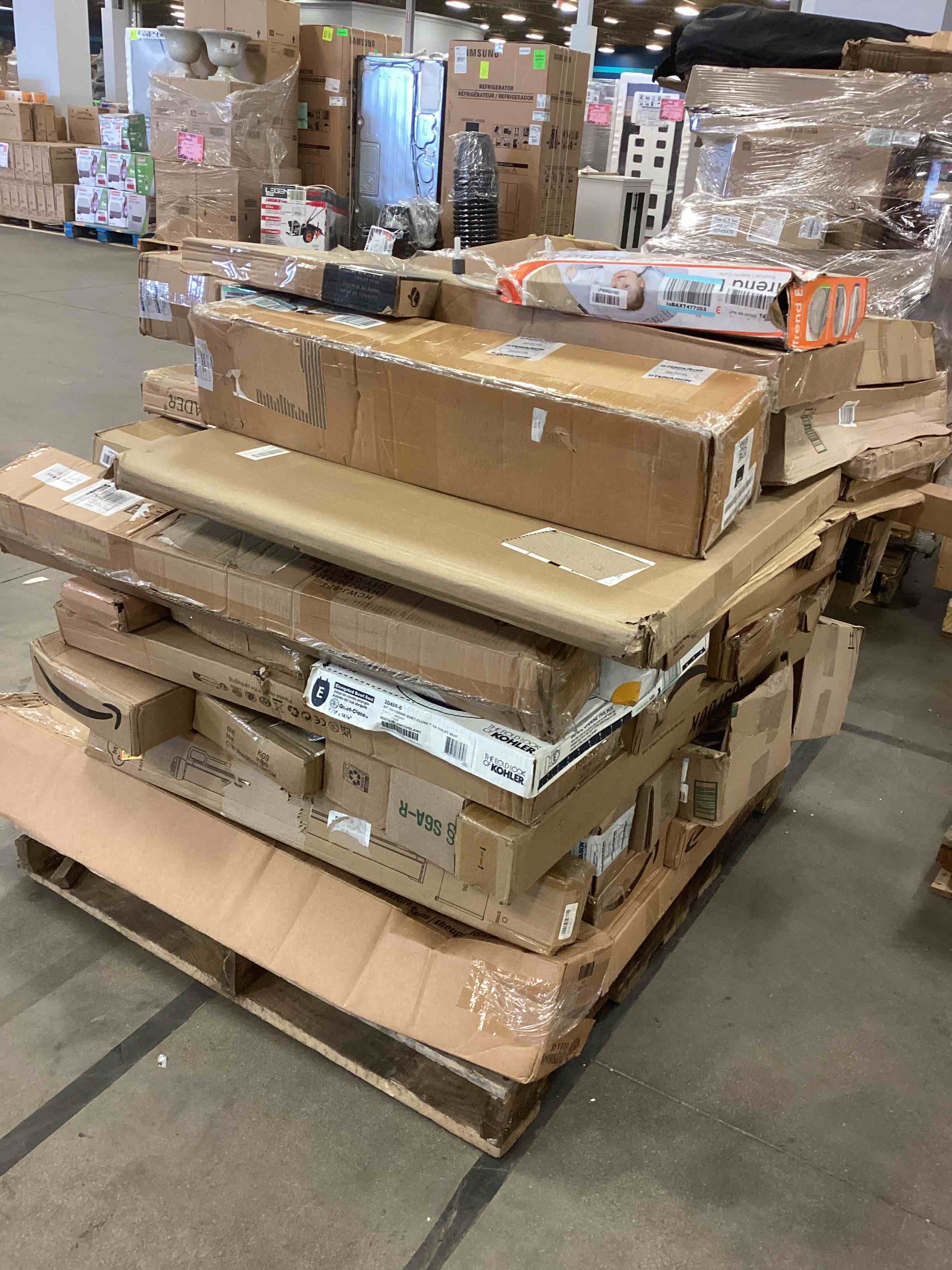 Assorted items include,baby gate,office chair,toilet seat ,arch metal,adjustable metal,baby trend,air filter,retractable baby gate and more.