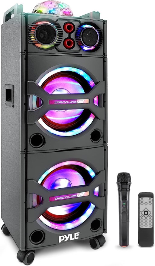 Pyle Portable Bluetooth PA Speaker System - 2000W Active powered Outdoor Bluetooth Speaker Portable PA System w/ Microphone In, Party Lights, USB SD Card Reader, AUX/RCA/FM Radio, Wheels - PSUFM1043BT