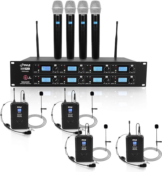 Pyle Professional 8 Channel UHF Wireless Microphone & Receiver System 4 Handheld Mics Belt Packs Transmitters Headsets &Lavalier Lapel Mics RF&AF Radio/Audio Frequency Digital Display(PDWM8225),Black