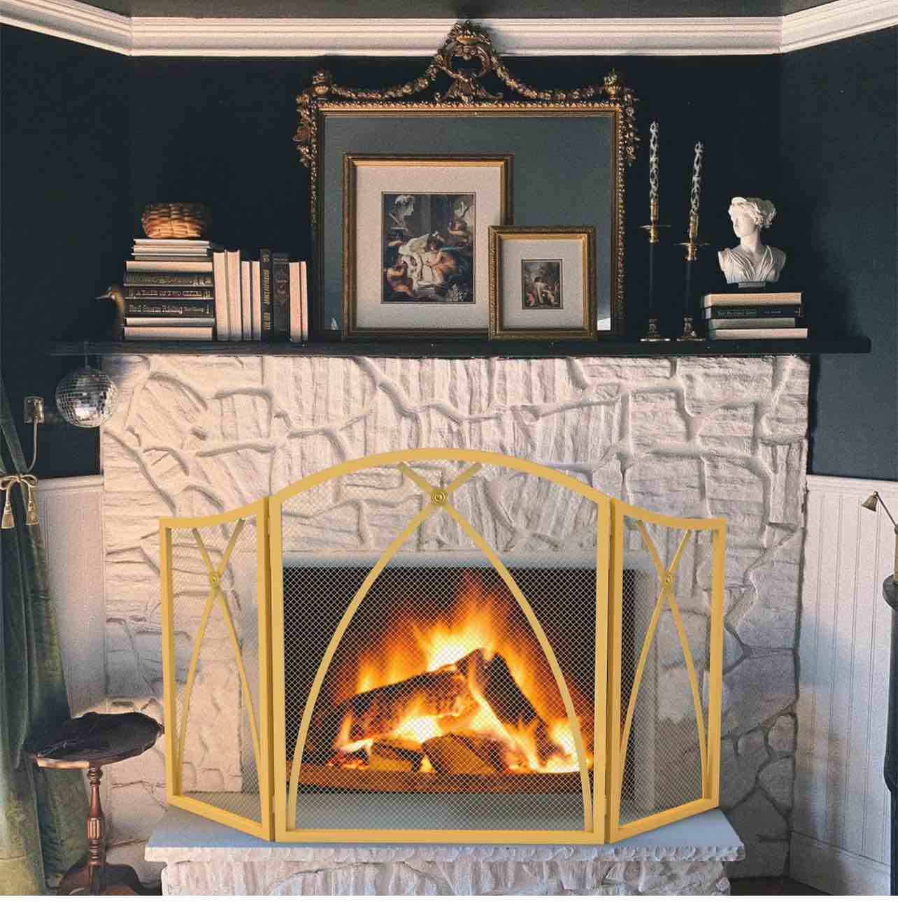 idee-home Gold Fireplace Screen 3 Panel, Fireplace Gate Cover Decorative for Inside Safety, Metal Square Fire Guard Gas Shield with Doors, Wood Stove Protection Screen Freestanding 48"x30"