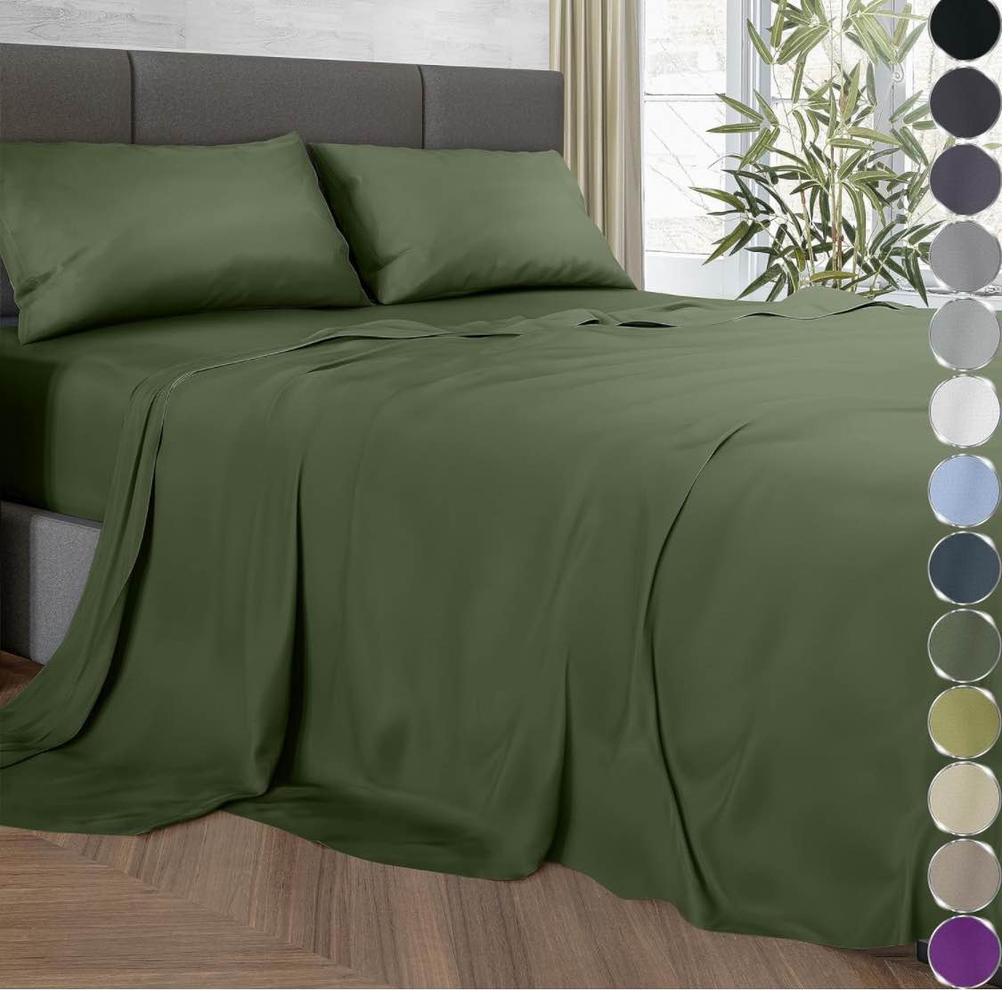 DECOLURE 100% Organic Bamboo Viscose Sheets King Size 4 pcs - Ultra Soft & Luxuriously Cooling, 16" Deep Pocket, Double Stitching, Perfect for Hot Sleepers - Luxury King Bed Sheets Set (Olive)
