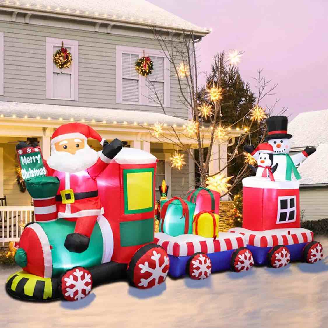 8 FT Christmas Inflatable Train with Santa Claus, Snowman, Penguin, Gift Boxes, 