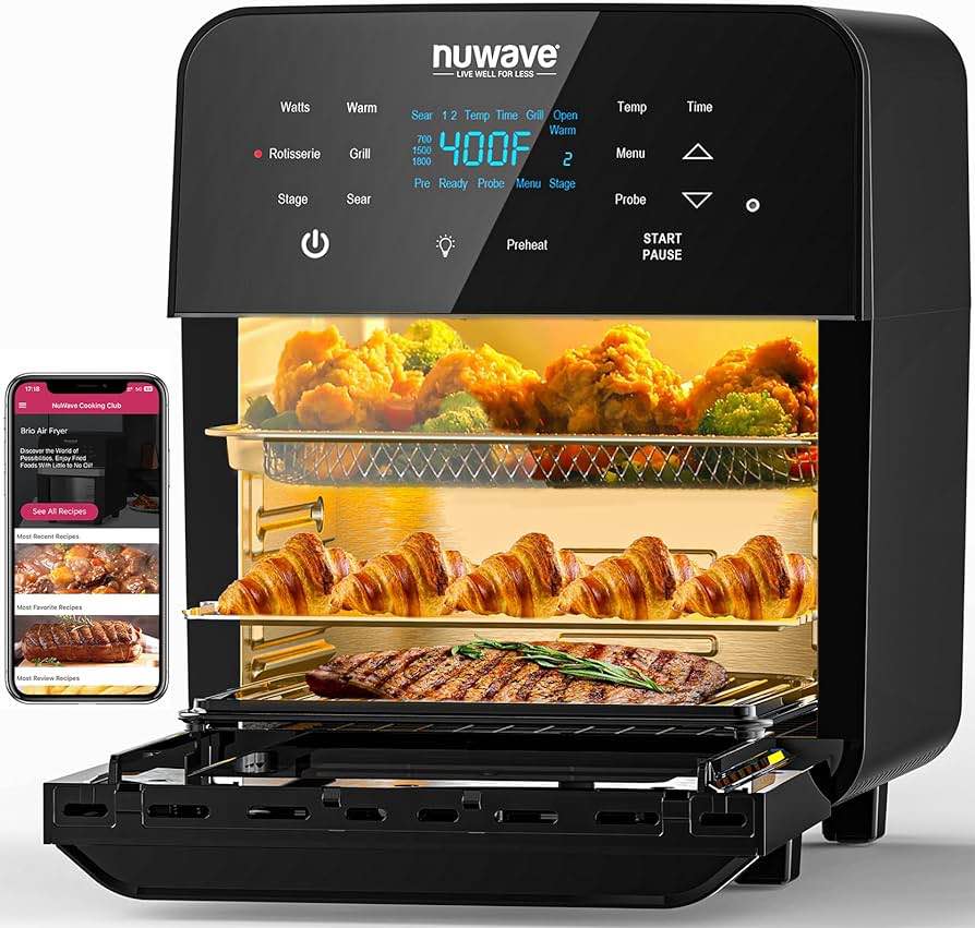 NuWave Brio 15.5-Quart Large Capacity Air Fryer + Grill; Probe; 2 Stainless Steel Racks; Drip Tray; Rotisserie Kit; Sear, Stage, Preheat, Rotisserie
