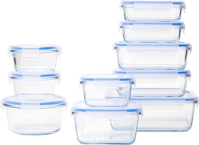 Amazon Basics 20-Piece Glass Food Storage Containers, 10 Count of Bases and Plastic Lids, Transparent,