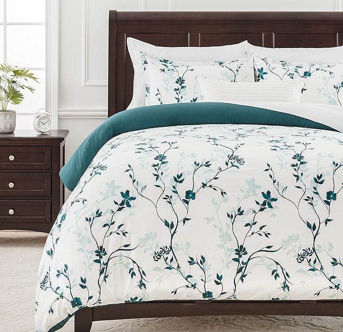 Chanasya Premium Floral Duvet Cover Set - Duvet Cover (104” x 90”) & 2 Pillow Shams (20” x 36”) - 3-Piece Set, King Size, Teal