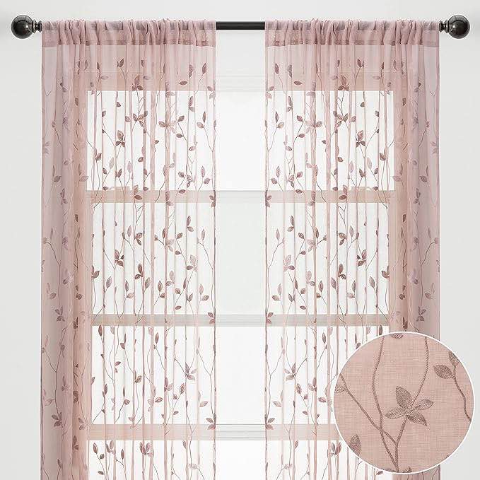 Chanasya Premium Embroidered Vine Curtains - Sheer Curtains for Living Room, Bedroom, Kitchen - 52" x 96" - Rose Dust, 2 Panels