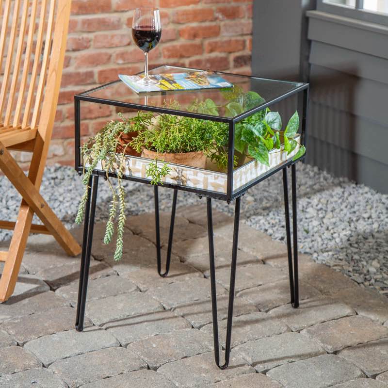 Gold Metal and Glass Elevated Table w/ Succulent Planter