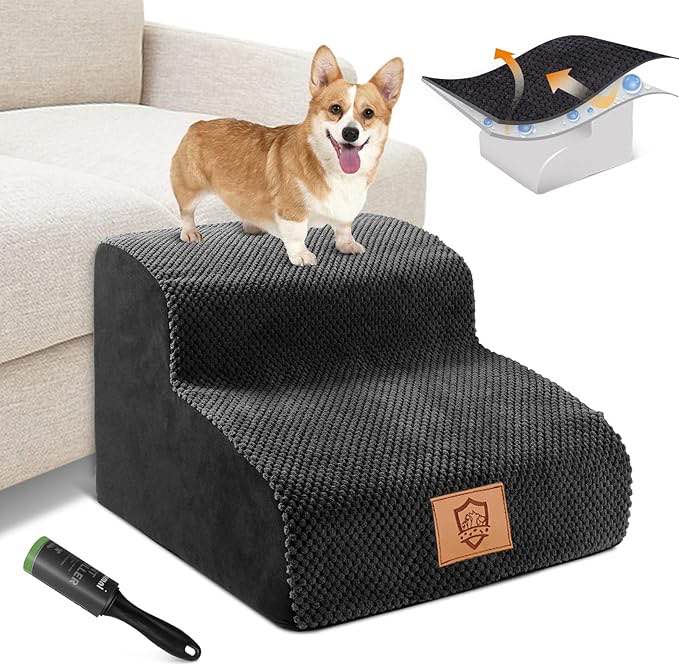 Kphico Dog Steps for Small Dogs/Cats,High Density Extended Foam Dog Stairs 3 Tiers,Extra Wide Non-Slip Pet Steps for High Beds Couch,Removable Washable Cover-Send A pet Hair Remover Roller(Black)
